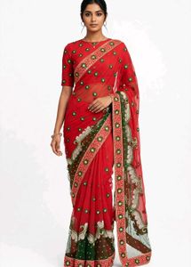 Red Embroidered Net Saree