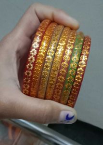 Colorful Glass Bangles with Gold Floral Design