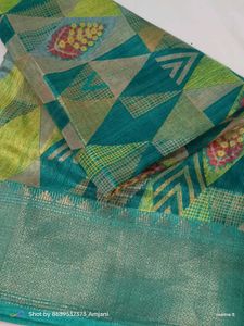 Beautiful Teal & Yellow Geometric Print Saree