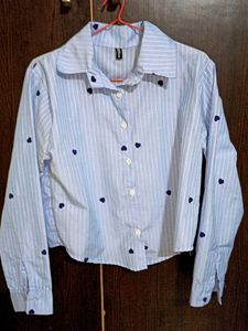 Cute Blue Striped Heart Print Shirt