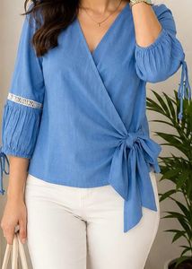 Blue Wrap Style Top with Tie Detail
