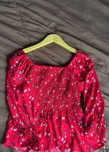 Red Floral Smocked Top