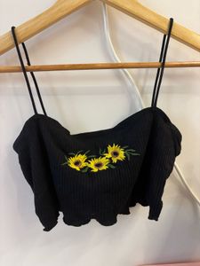 Black Sunflower Embroidered Crop Top