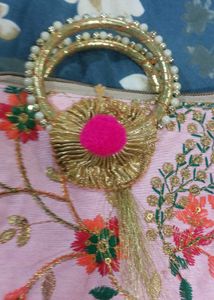 Embroidered Pink Clutch with Handle