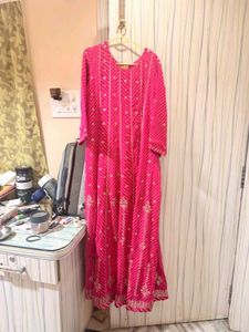 Anarkali Pink Bandhani Kurta with dupatta