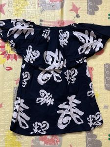 Off-Shoulder Navy Blue Top with White Print