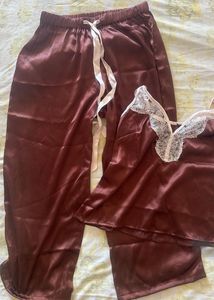 Maroon Satin Lace Pajama Set
