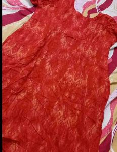 Red Saree with Frayed Detail