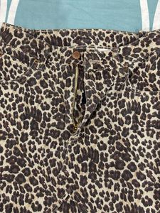 Leopard Print Fringed Denim Skirt