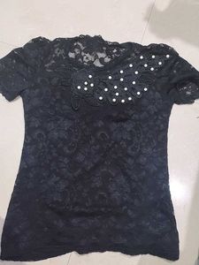 Elegant Black Lace Top with Pearl Embellishments