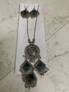 Peacock Feather Necklace & Earrings Set