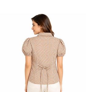 Brown Gingham Puff Sleeve Top