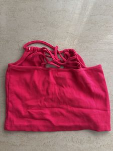 Hot Pink Ribbed Halter Crop Top