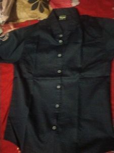 Navy Blue Button-Up Shirt with Graphic Print