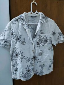 White Floral Print Button-Up Shirt