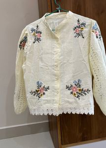White Embroidered Cotton Top with Lace Detail