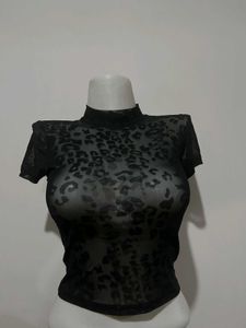 Sheer Leopard Print Mock Neck Top