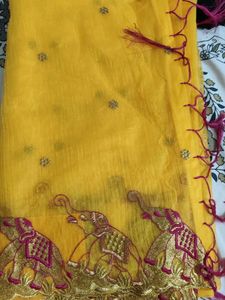 Yellow Embroidered Elephant Saree
