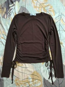 Coffee Brown Ruched Mesh Long Sleeve Top