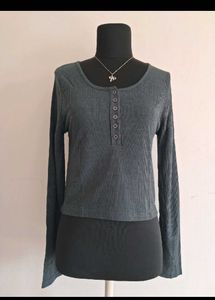 Ribbed Henley Long Sleeve Top