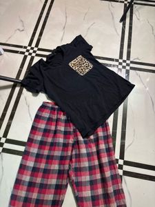 Cozy Plaid Pajama Set with Leopard Pocket