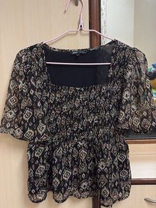 Chic Smocked Black Print Top