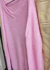 sleeve Cute Pink Knit V-Neck Sweater