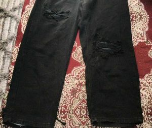 Women's Black Ripped Wide Leg Stretchable Jeans wi