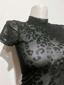 Sheer Leopard Print Mock Neck Top