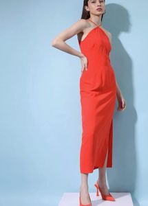 Vibrant Orange Halter Neck Midi Dress