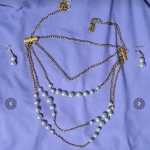Layered Pearl Chain Necklace with earrings