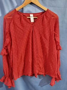 Kazo Chic Red Ruffle Sleeve Blouse