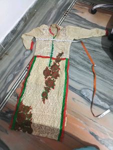 Elegant Cream Kurta with Red &amp; Green Embellishment