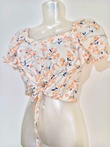 Floral Print Tie-Front Puff Sleeve Top
