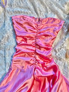 Strapless Pink Satin assymetrical  Ruffle Dress