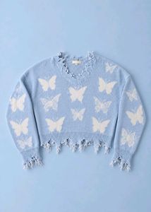 POWDER BLUE BUTTERFLY DISTRESSED CROPPED KNIT SWEA