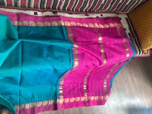Elegant Teal &amp; Pink Saree with Gold Border