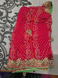 Red Bandhani Saree with Embellishments