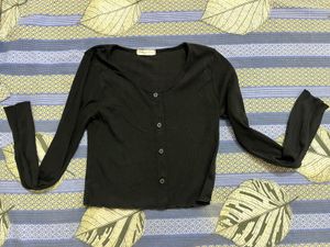 Black Ribbed Button-Up Long Sleeve Top