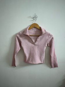 Ribbed Collared Pink Top