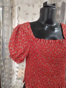 Red Floral Smocked Square Neck Top