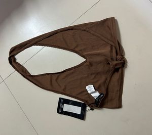 Brown Halter Neck Ribbed Crop Top