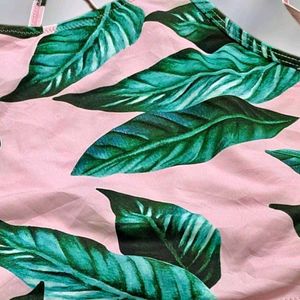 Pink Leaf Print Bikini Top
