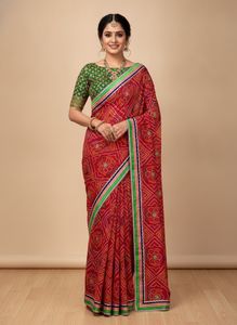 red badhani saree Vibrant Green Embroidered Blouse