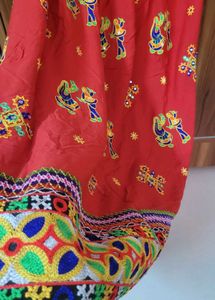 Red Embroidered Skirt with Mirror Work