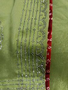Elegant Lime Green Saree with Red Bandhani Border