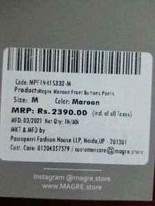 Maroon Straight Fit Trouser For Women's