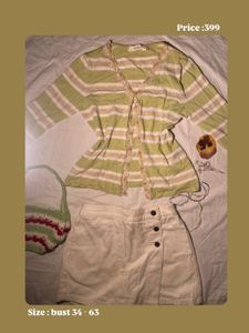 Striped V-Neck Cardigan with Lace Trim