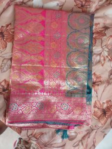 Beautiful Pink &amp; Teal Brocade Saree