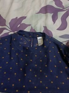 Navy Blue Polka Dot top, puff sleeves